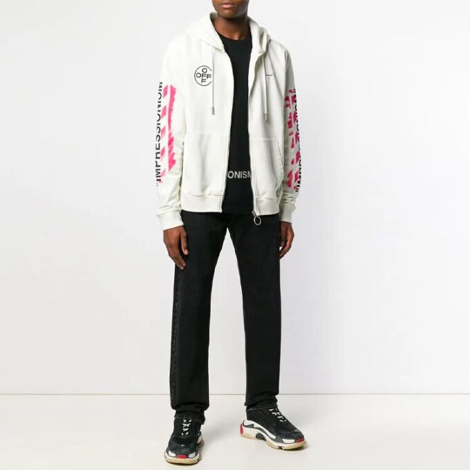 c/o virgil abloh męska biała bluza z zamkiem i szablonowymi Diagonalnymi wzorami