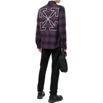 Ciemnofioletowa koszula męska Off-White z nadrukiem logo w kratę i długimi rękawami