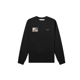 Czarny T-shirt męski Off-White z nadrukiem c/o Virgil Caravaggio, okrągły dekolt, długi rękaw
