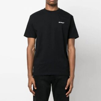 Czarny T-shirt męski Off-White z nadrukiem logo w kształcie strzały i łańcuszkiem, wersja casualowa z krótkim rękawem