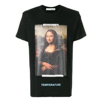 Czarny T-shirt męski Off-White z nadrukiem Mona Lisa i strzałką z tyłu, z krótkim rękawem