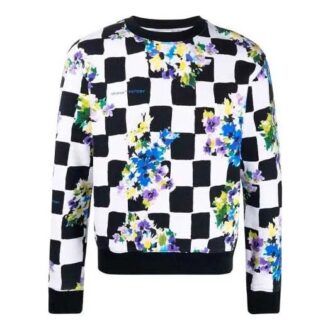 FW21 Sweter z okrągłym dekoltem w kratę z nadrukiem kwiatów, wersja czarna