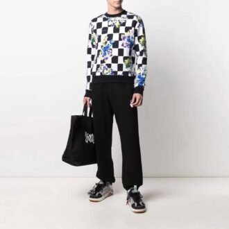 FW21 Sweter z okrągłym dekoltem w kratę z nadrukiem kwiatów, wersja czarna