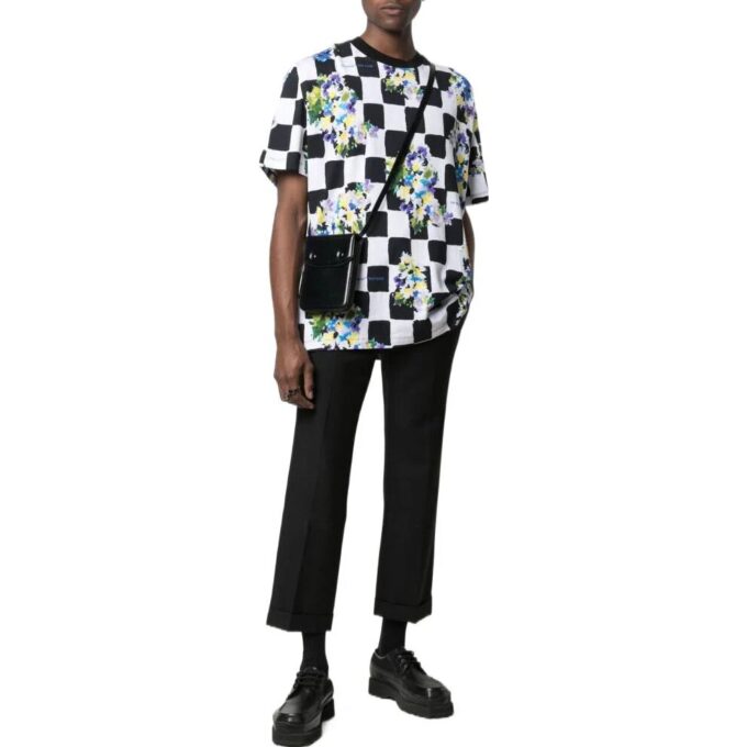 Off-White Męska koszulka z krótkim rękawem i okrągłym dekoltem, luźny krój, nadruk w kratę i kwiaty, kolekcja SS22, kolor czarny