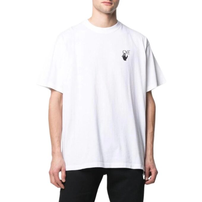 Off-White Męska koszulka z krótkim rękawem i okrągłym dekoltem, luźny krój, z nadrukiem logo strzałki, kolor jednolity, kolekcja SS22, biała