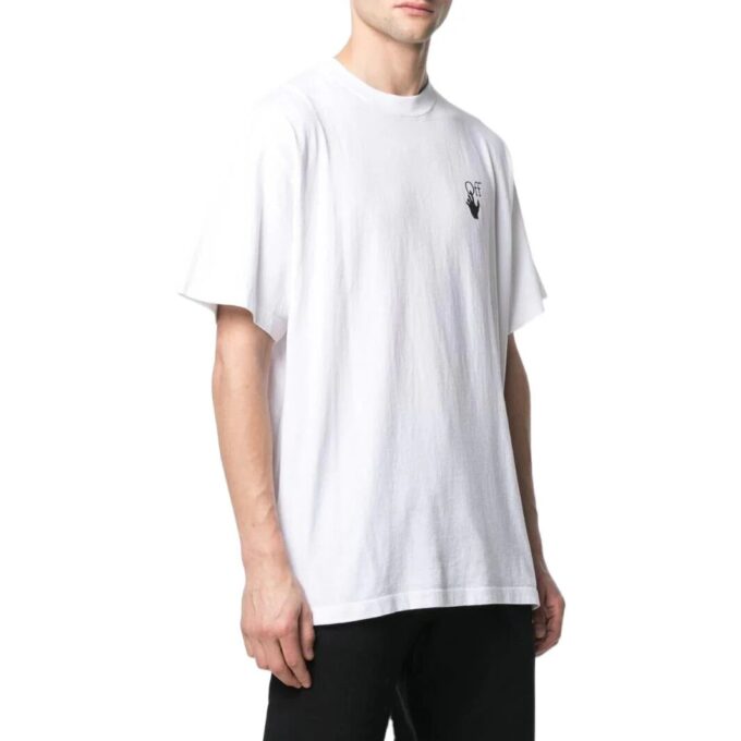 Off-White Męska koszulka z krótkim rękawem i okrągłym dekoltem, luźny krój, z nadrukiem logo strzałki, kolor jednolity, kolekcja SS22, biała