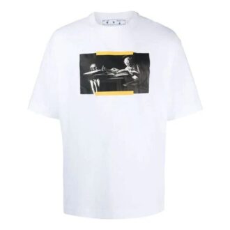 Off-White Męska koszulka z krótkim rękawem i okrągłym dekoltem, z nadrukiem Caravaggio, FW21, slim fit, biała