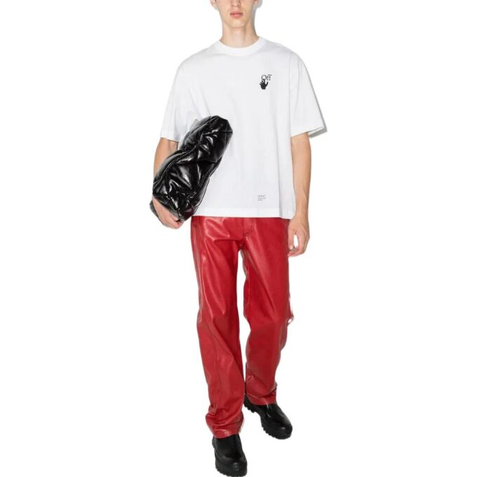 Off-White Męska koszulka z krótkim rękawem i okrągłym dekoltem z nadrukiem logo w wzór strzałek Caravaggio, kolekcja SS22, kolor biały