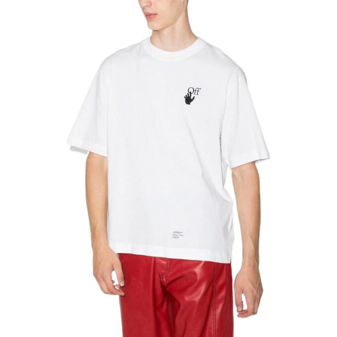 Off-White Męska koszulka z krótkim rękawem i okrągłym dekoltem z nadrukiem logo w wzór strzałek Caravaggio, kolekcja SS22, kolor biały