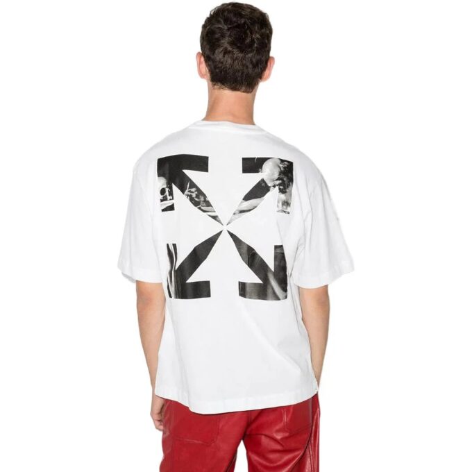 Off-White Męska koszulka z krótkim rękawem i okrągłym dekoltem z nadrukiem logo w wzór strzałek Caravaggio, kolekcja SS22, kolor biały