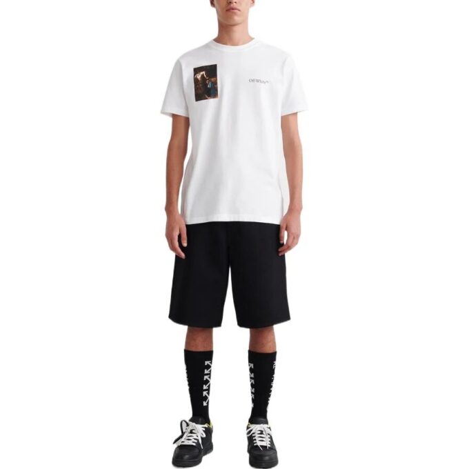 Off-White Męska koszulka z krótkim rękawem i okrągłym dekoltem z nadrukiem na plecach, kolekcja SS22, biała