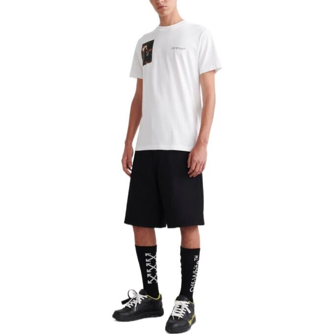 Off-White Męska koszulka z krótkim rękawem i okrągłym dekoltem z nadrukiem na plecach, kolekcja SS22, biała