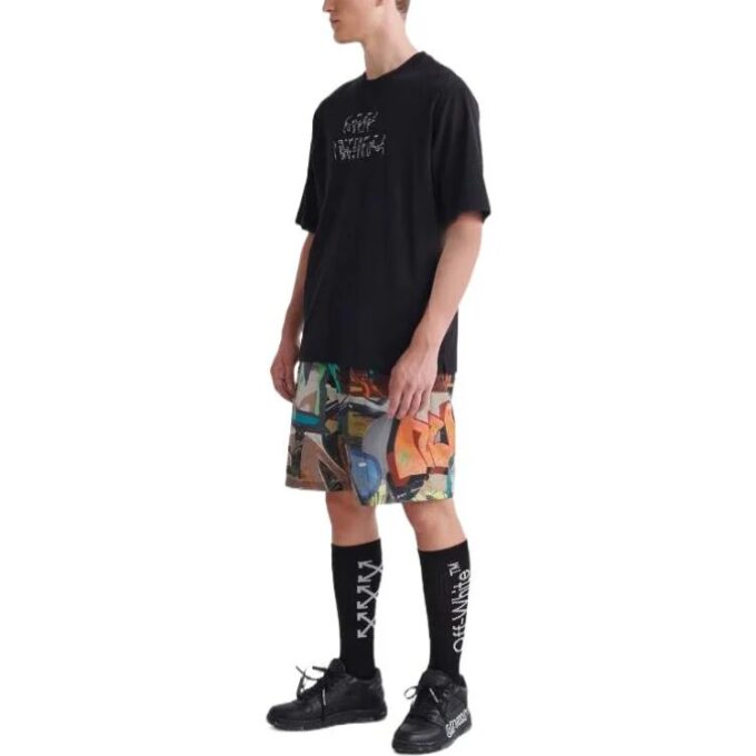 Off-White Męska koszulka z krótkim rękawem i okrągłym dekoltem z nadrukiem strzałek, luźny krój, czarna, kolekcja SS22