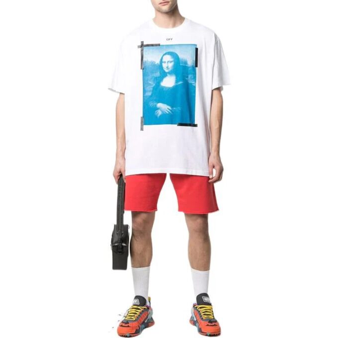 Off-White Męska koszulka z krótkim rękawem i okrągłym dekoltem, z nadrukiem strzałki Mona Lisa, biała