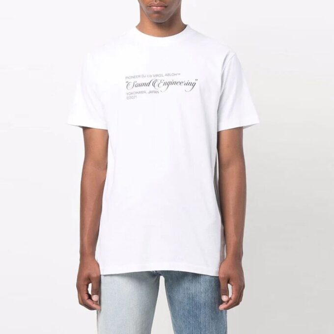 Off-White Męska koszulka z krótkim rękawem i okrągłym dekoltem z nadrukiem w stylu malarskim, kolekcja SS21, kolor biały