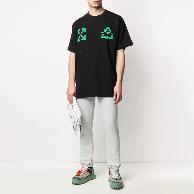 Off-White Męska koszulka z krótkim rękawem w luźnym kroju, z haftowanym logo C/O VIRGIL ABLOH, czarna
