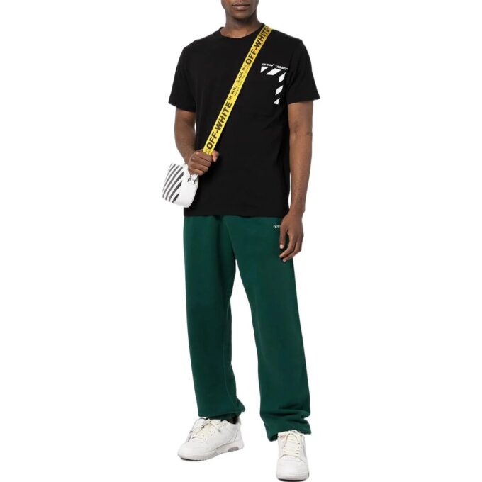 Off-White Męska koszulka z krótkim rękawem z nadrukiem alfabetu w paski z kolekcji SS22, wersja w szortach, czarna