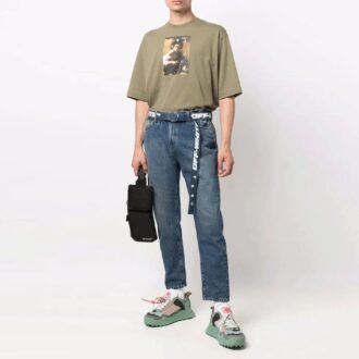 Off-White Męska koszulka z nadrukiem postaci, okrągłym dekoltem, krótkim rękawem i luźnym krojem, kolor zielony