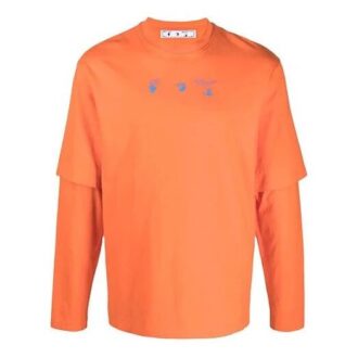 Off-White Męska koszulka z okrągłym dekoltem i nadrukiem z logo FW21, z długim rękawem, luźny krój, pomarańczowy T-shirt