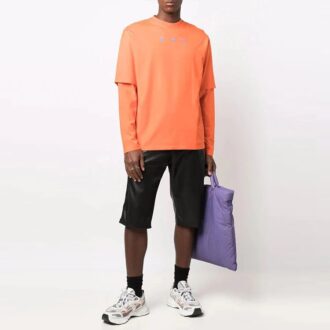 Off-White Męska koszulka z okrągłym dekoltem i nadrukiem z logo FW21, z długim rękawem, luźny krój, pomarańczowy T-shirt