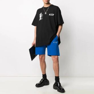 Szorty sportowe z nadrukiem logo, wersja slim fit, niebieskie
